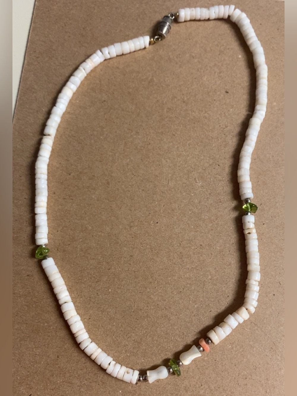 White Beaded Shell Necklace with Green Accent - Unbranded